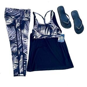 Champion New 3-Piece Sports Bra Top & 3/4 Palm Leaf Capri Leggings Set S